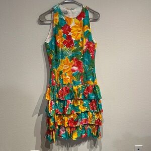 Vintage Gillian 100% Silk Floral Sleeveless Ruffle‎ Dress Size 8